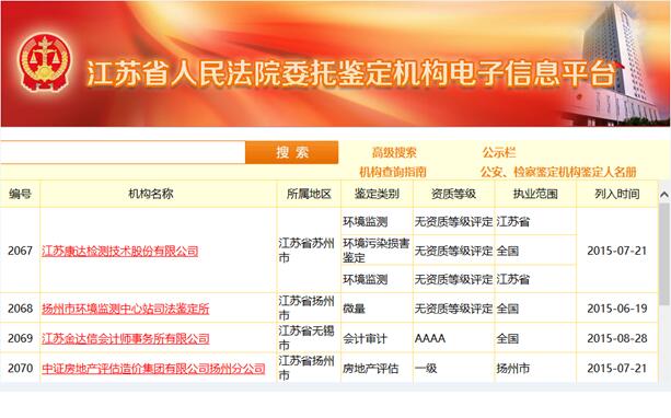康达入选江苏省高院对外委托鉴定机构电子信息平台